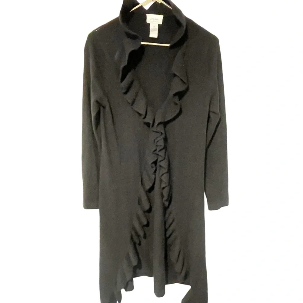 Neiman Marcus Size Medium Black Cashmere Ruffle Open Front Cardigan Sweater